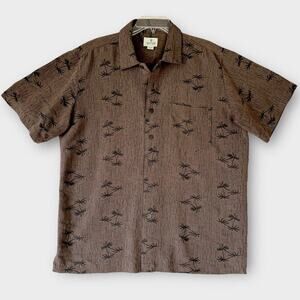 SOLITUDE Short Sleeves Button Up Hawaiian Shirt Relax Fit Size M Brown Palm Tree